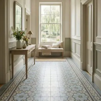 Blue and cream Victorian-style patterned floor tiles with decorative borders in an elegant traditional hallway