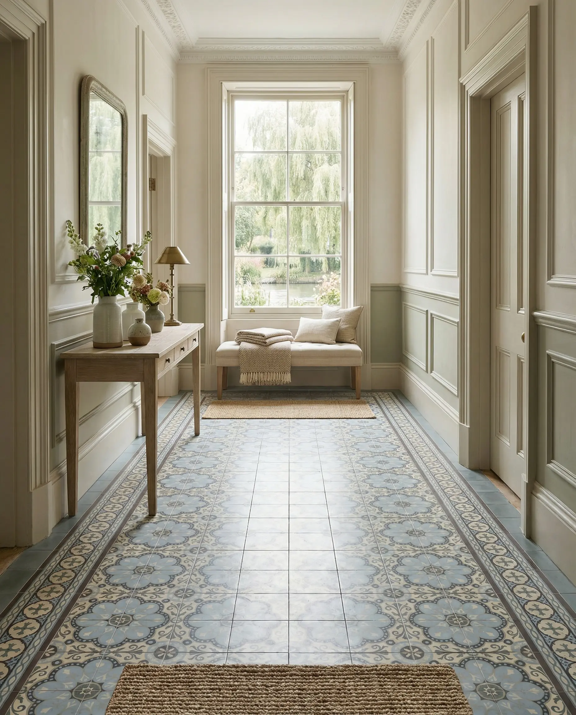 Blue and cream Victorian-style patterned floor tiles with decorative borders in an elegant traditional hallway
