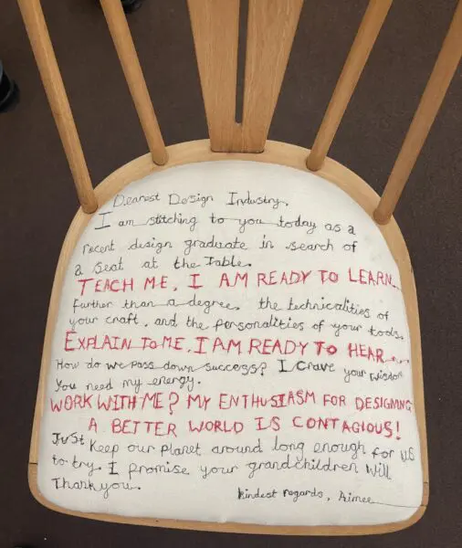 A seat at the table by Alex Dauley and Grant Pierrus, co-founders of AEVEN Student chair detail with embroidery
