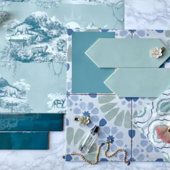Moodboard with bathroom tiles and dinosaur wallpaper