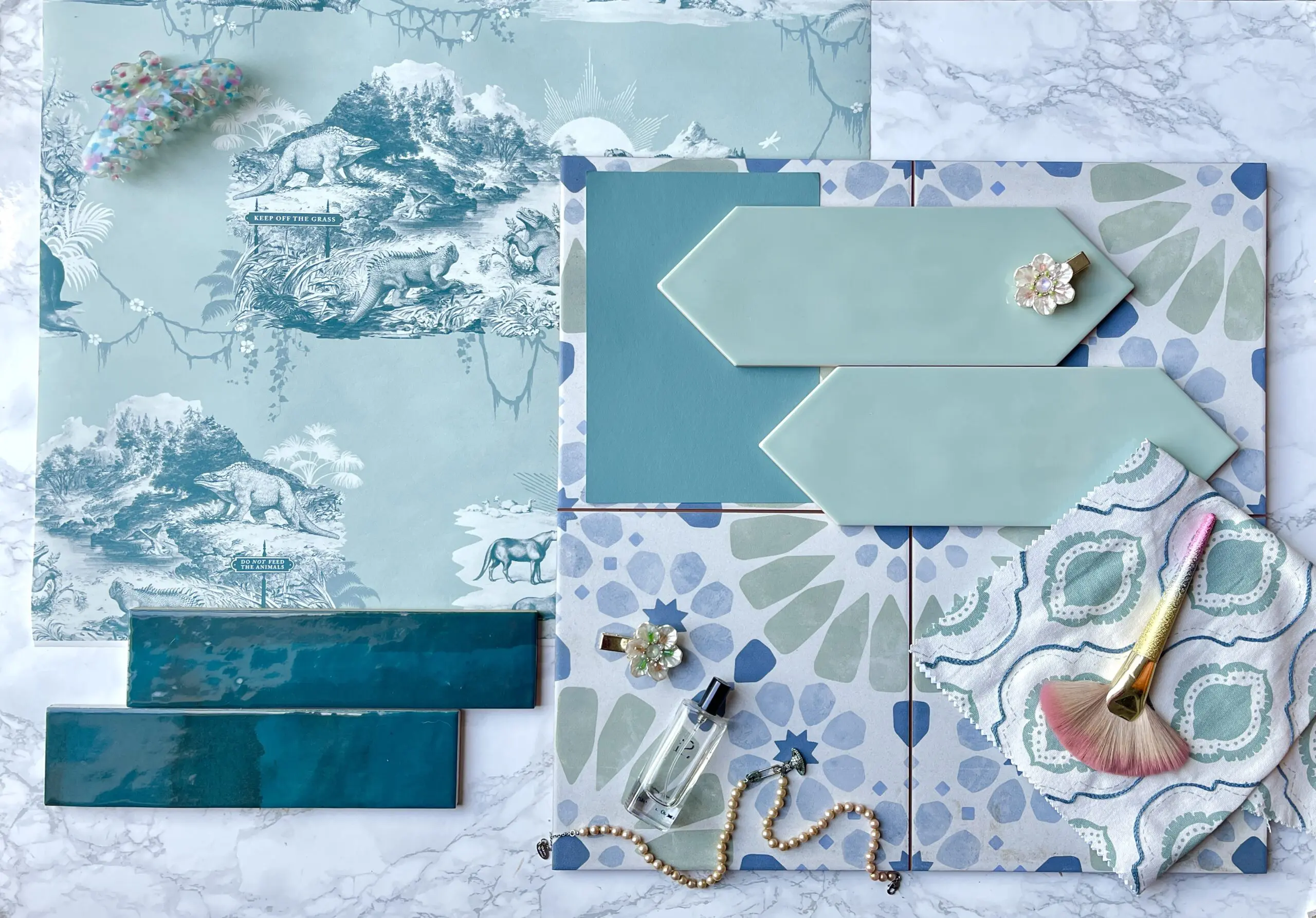 Moodboard with bathroom tiles and dinosaur wallpaper