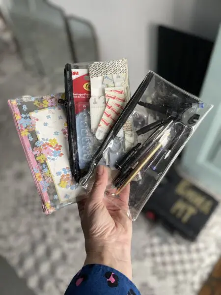 Clear pencil cases for storing props and tools 