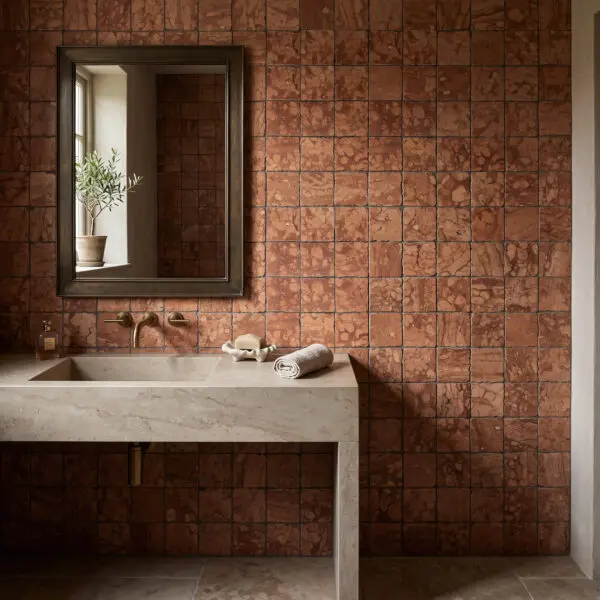 Rust-red and cream Lapicida Roman Rosso Verona mosaic floor tiles laid in a geometric diamond pattern beside a stone basin.