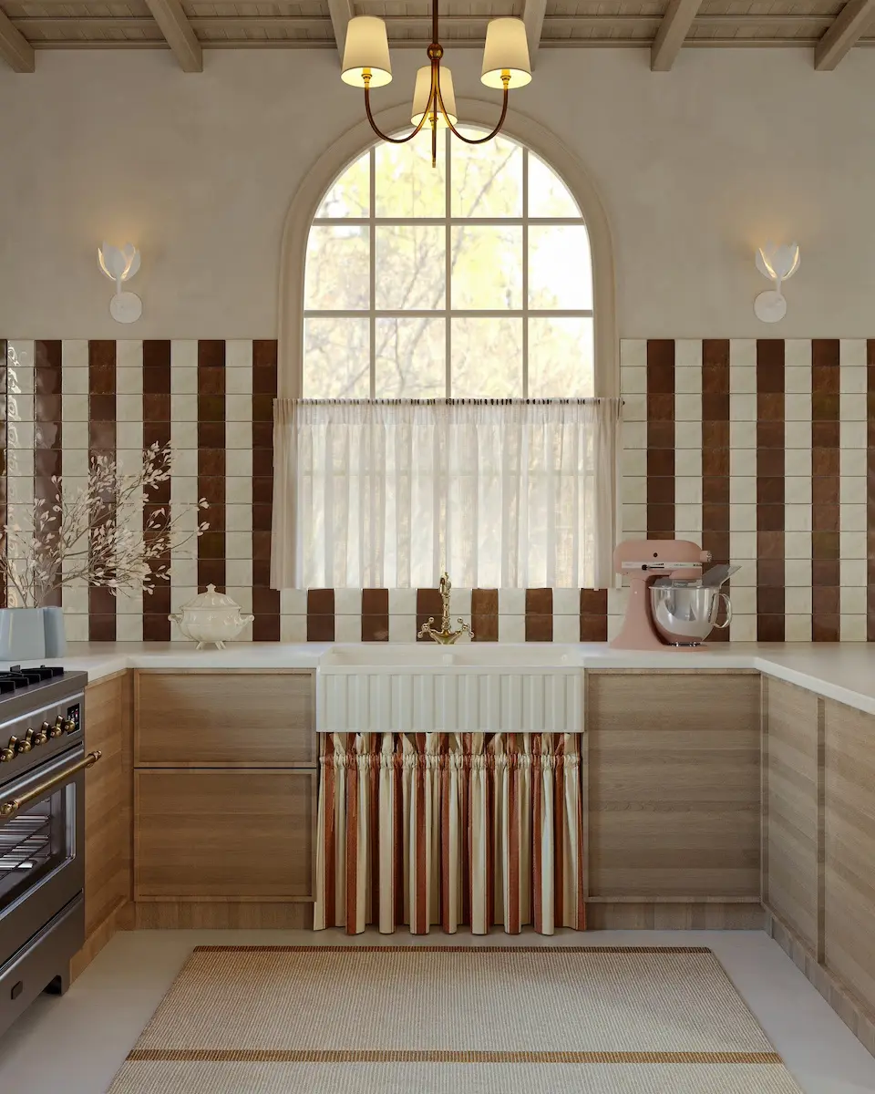 Glossy brown and cream square wall tiles arranged in a chequerboard pattern in a country-style kitchen