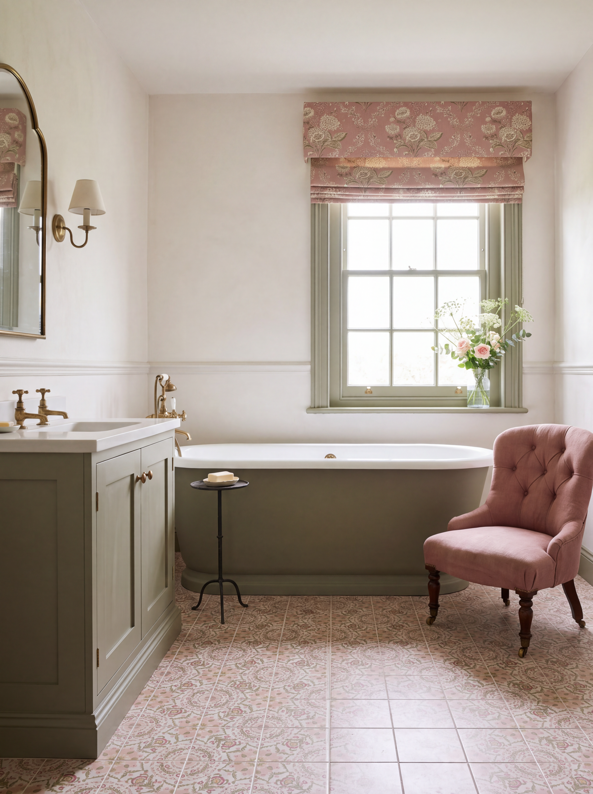 Pink floral patterned bathroom floor tiles with a freestanding bath, pink chair and matching floral window blind