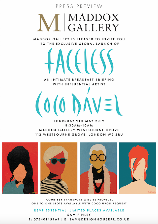 PRESS PREVIEW INVITATION: Faceless by Coco Dávez at Maddox Gallery