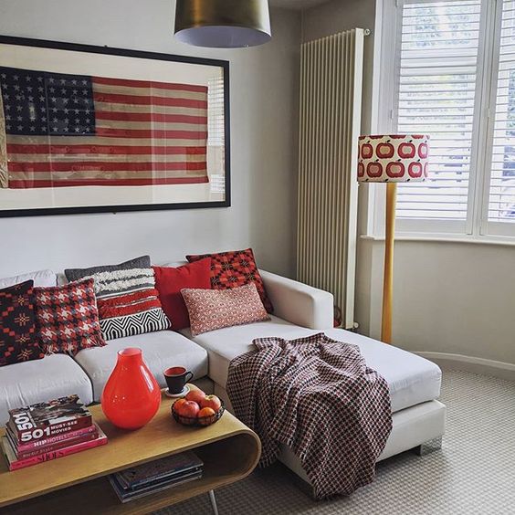 How to use colour in a room. Living room featuring American flag and red, white and blue interior accessories