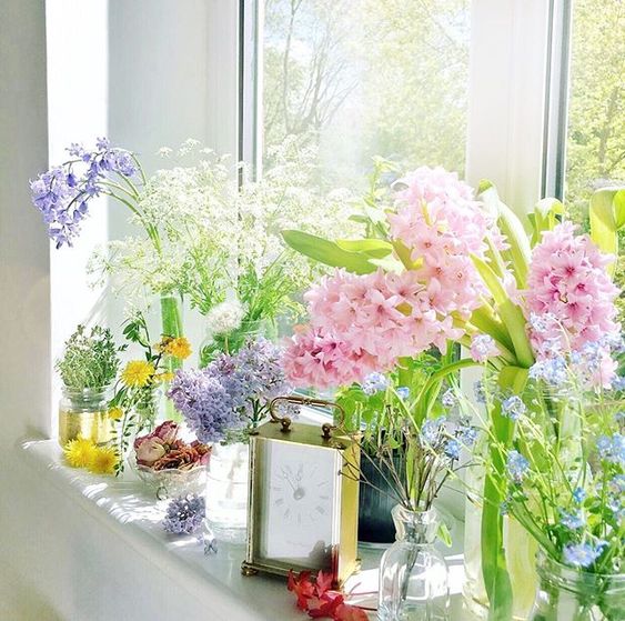 How to use colour in a room. Window sill with colourful flowers displayed in glass vases