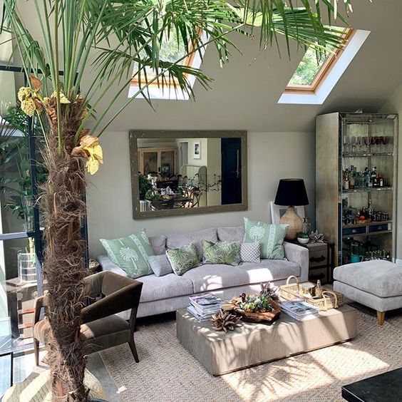 How to use colour in your home. Sunny garden room featuring a colourful palm tree inside