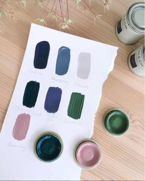 Paint samples painted onto white paper