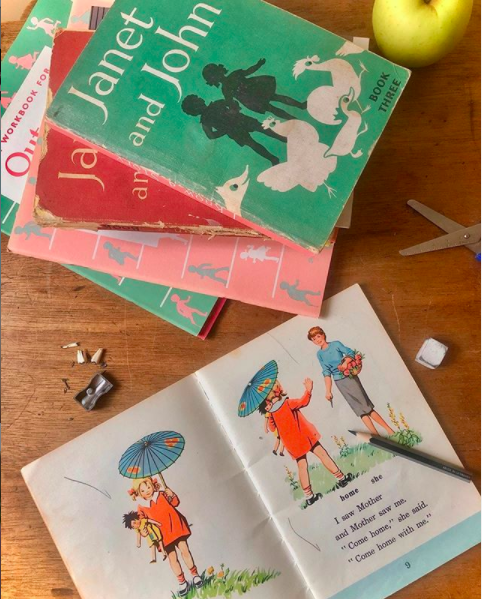 Flatlay of Janet and John vintage reading books