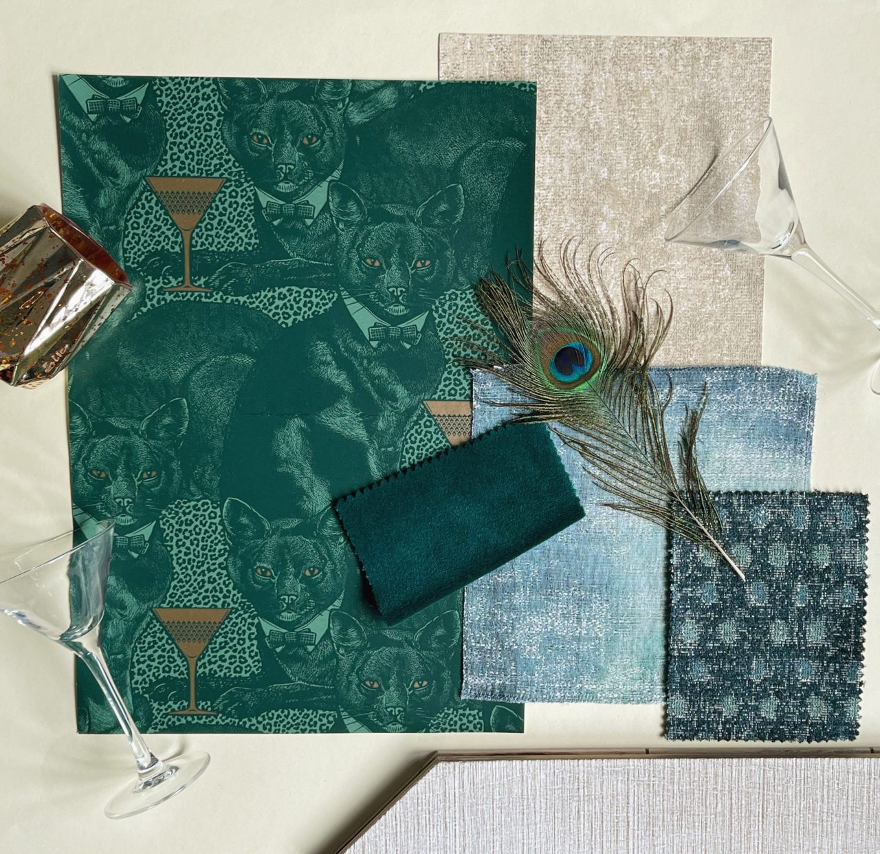 Inspiring moodboard with cat wallpaper in an art deco design 