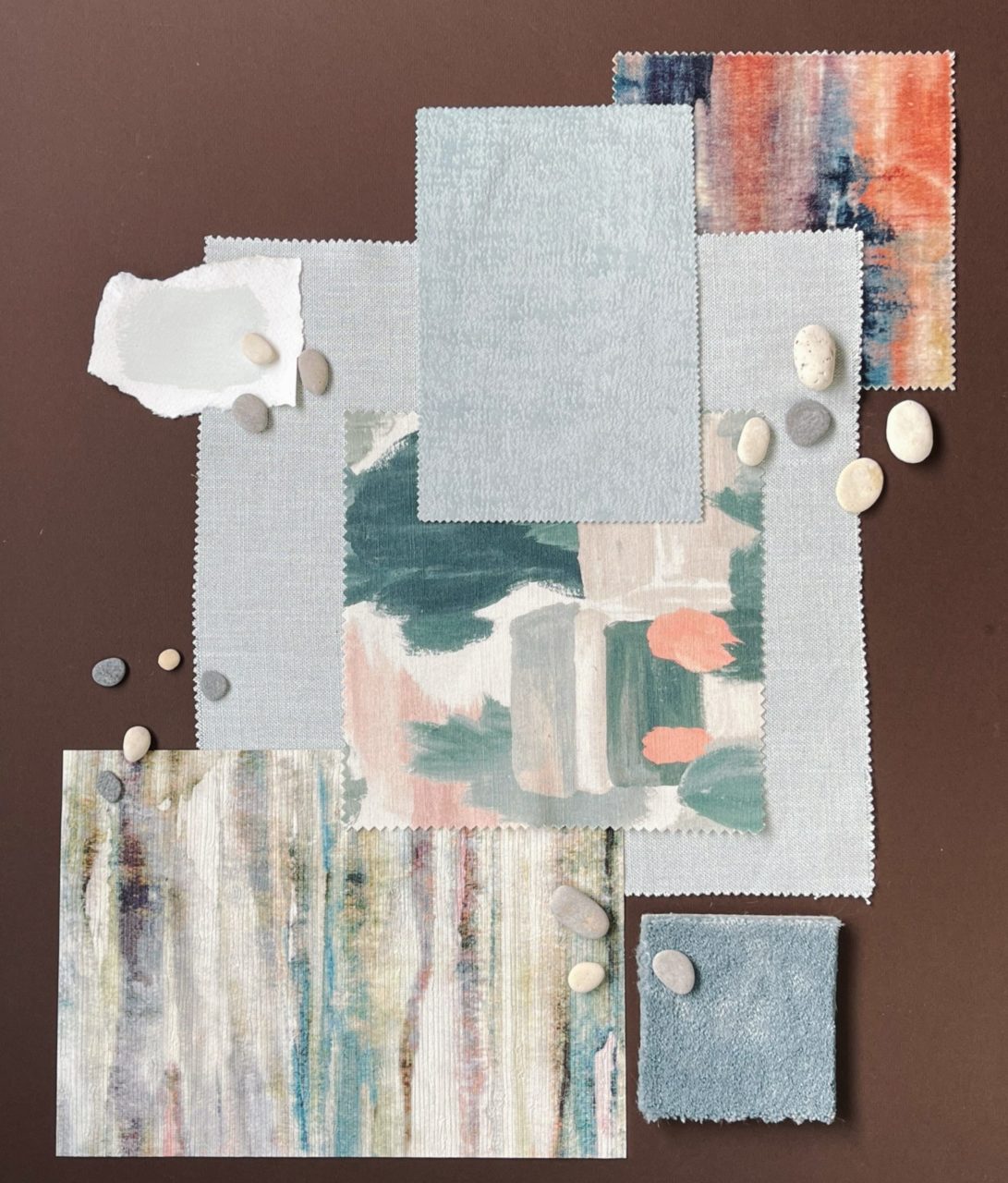 Painterly moodboard for a cosy living room 