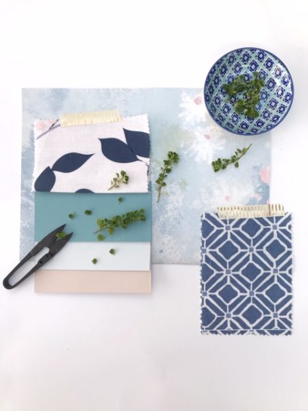 Spring themed mood board featuring soft blues and pastel colours