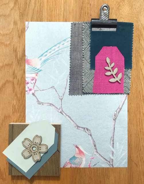 Mood board featuring pastel blue bird motif wallpaper