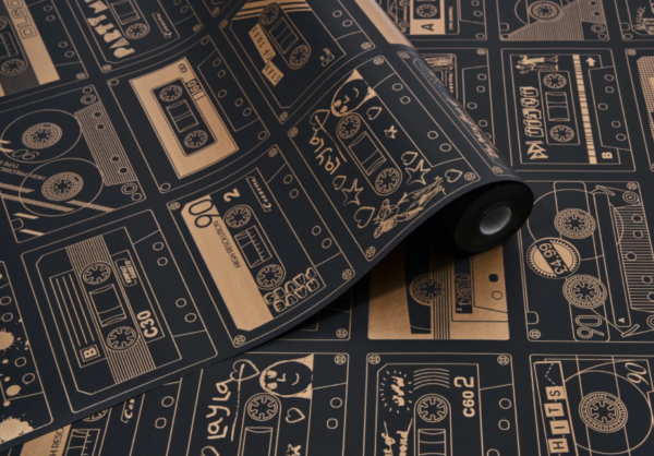 Black and gold wallpaper featuring C-60 Cassette tapes