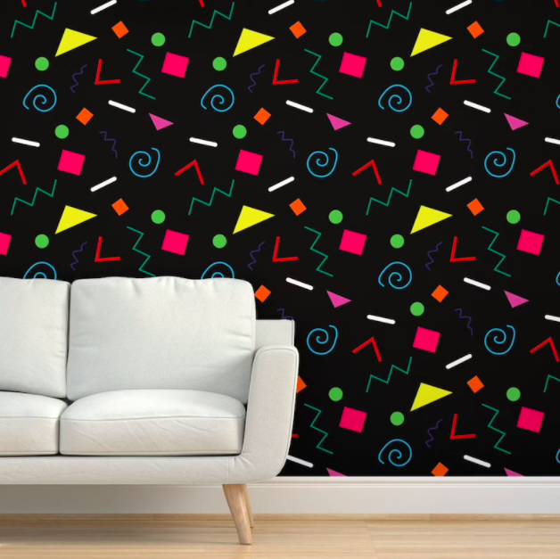 90s inspired wallpaper featuring a black background with florescent shapes