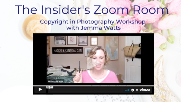 Video screen showing Jemma Watts on the Inside Stylists workshop talking all about copyright laws in interior photography