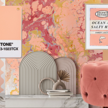 a montage of Pantones Colour of the Year 2024 Peach Fuzz homewares and wallpapers