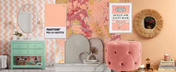 a montage of Pantones Colour of the Year 2024 Peach Fuzz homewares and wallpapers