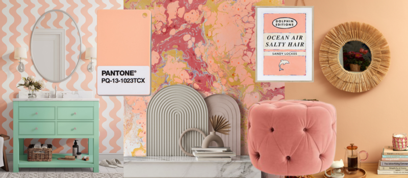 a montage of Pantones Colour of the Year 2024 Peach Fuzz homewares and wallpapers 