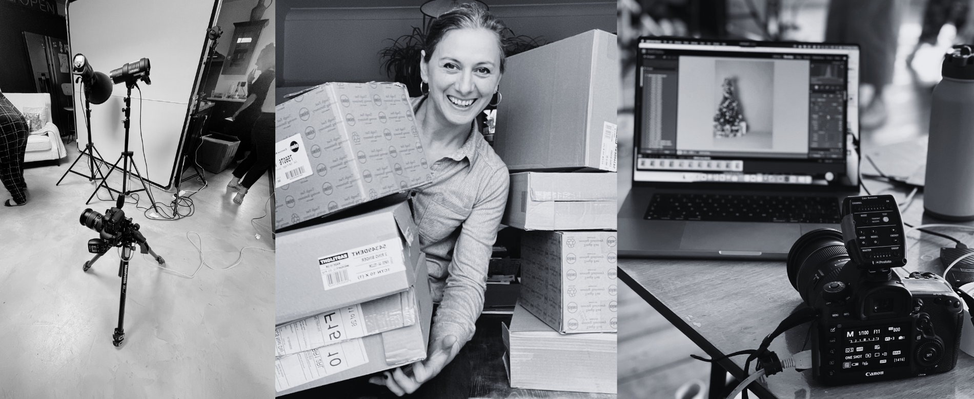 Interior Stylists holding boxes and on set on photoshoots 