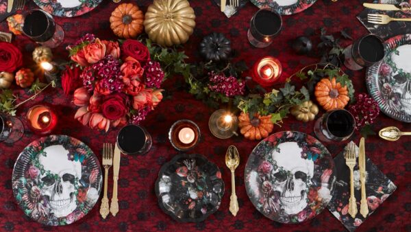 Halloween dining table styled by an interior stylist with black décor, seasonal accessories and branded products for a commercial photoshoot.